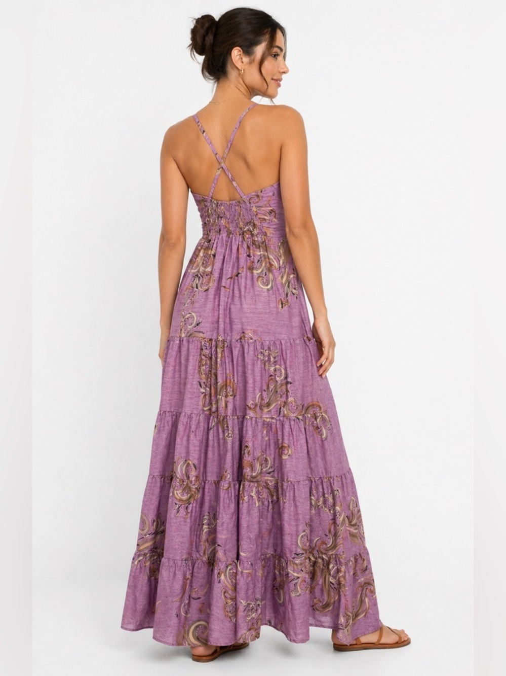 SALEM Boho Paisley  Printed Lavender Tiered Maxi Dress with Spaghetti Strap Sz M